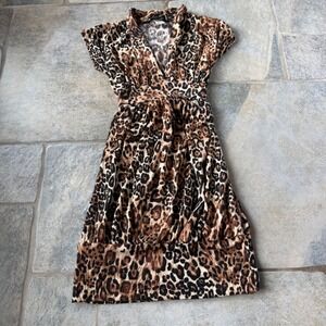 Y2K Chesley Leopard Print Bubble Dress M Plunge Neck Stretch Tie Back Party Mini